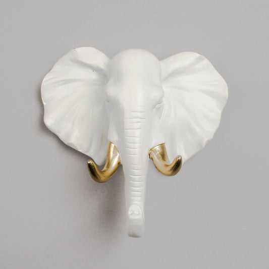TRUNK CALL — white resin elephant head wall hook with gold tusk detail | Hang Ups | Missy K