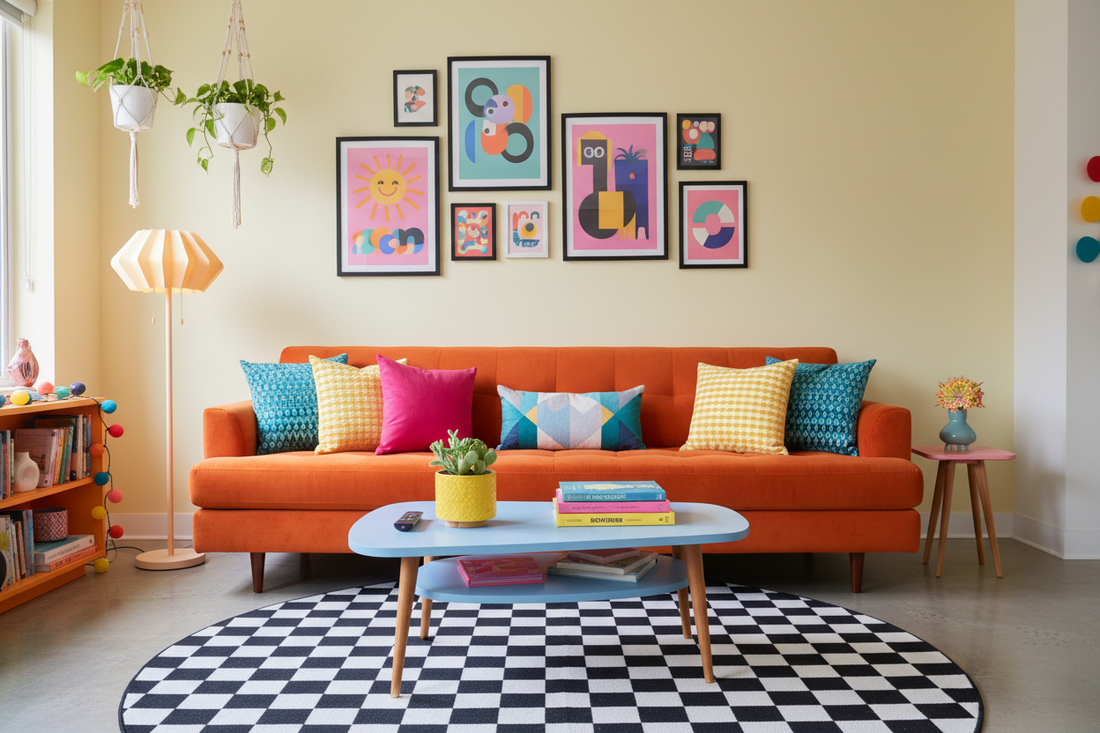 Maximalist living room styled with bold dopamine decor — colourful cushions, retro vases and statement shelf styling | Missy K Random Ramblings