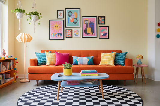 Maximalist living room styled with bold dopamine decor — colourful cushions, retro vases and statement shelf styling | Missy K Random Ramblings