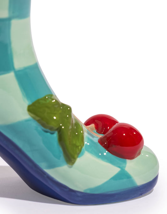 Cherry Bomb ceramic boot vase side view with navy heel – Missy K Morning Glories | Retro homewares Australia