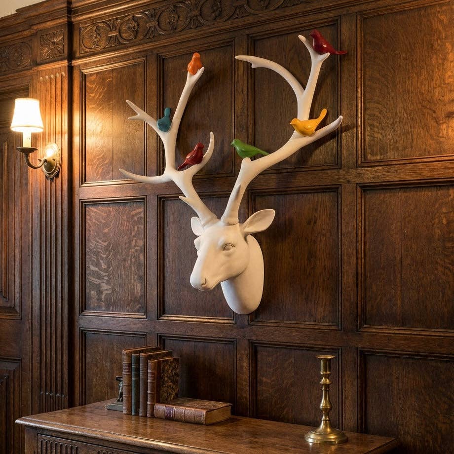 THE STAG — colourful bird detail in white resin antlers | Retro homewares Australia | Missy K