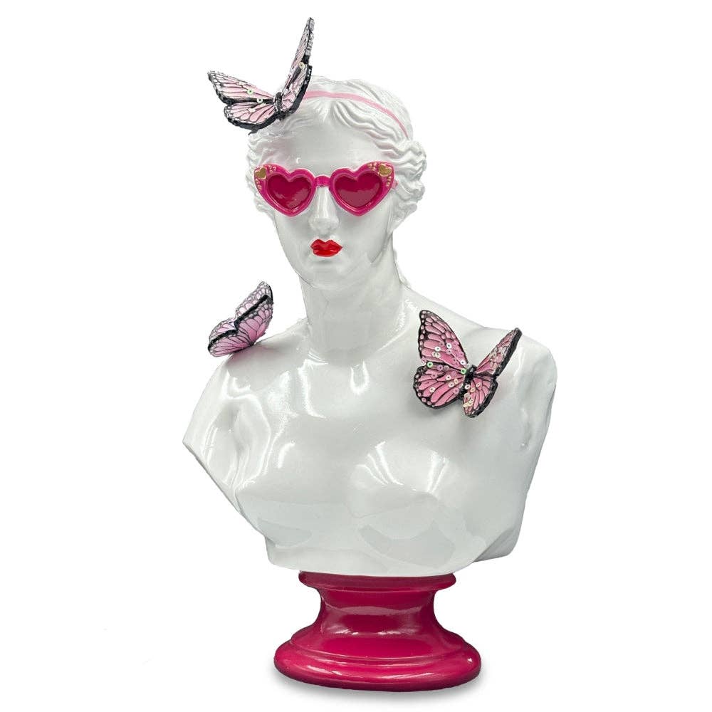 VENUS DE BUTTERFLY — pop art classical bust with heart sunglasses and pink butterflies | Dopamine decor Australia | Missy K