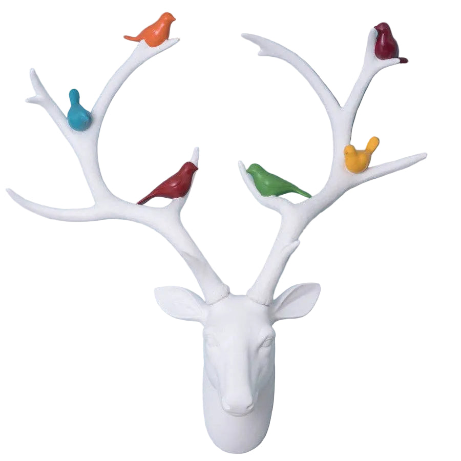 THE STAG — white resin deer wall sculpture with multicoloured birds in antlers | Dopamine decor Australia | Missy K