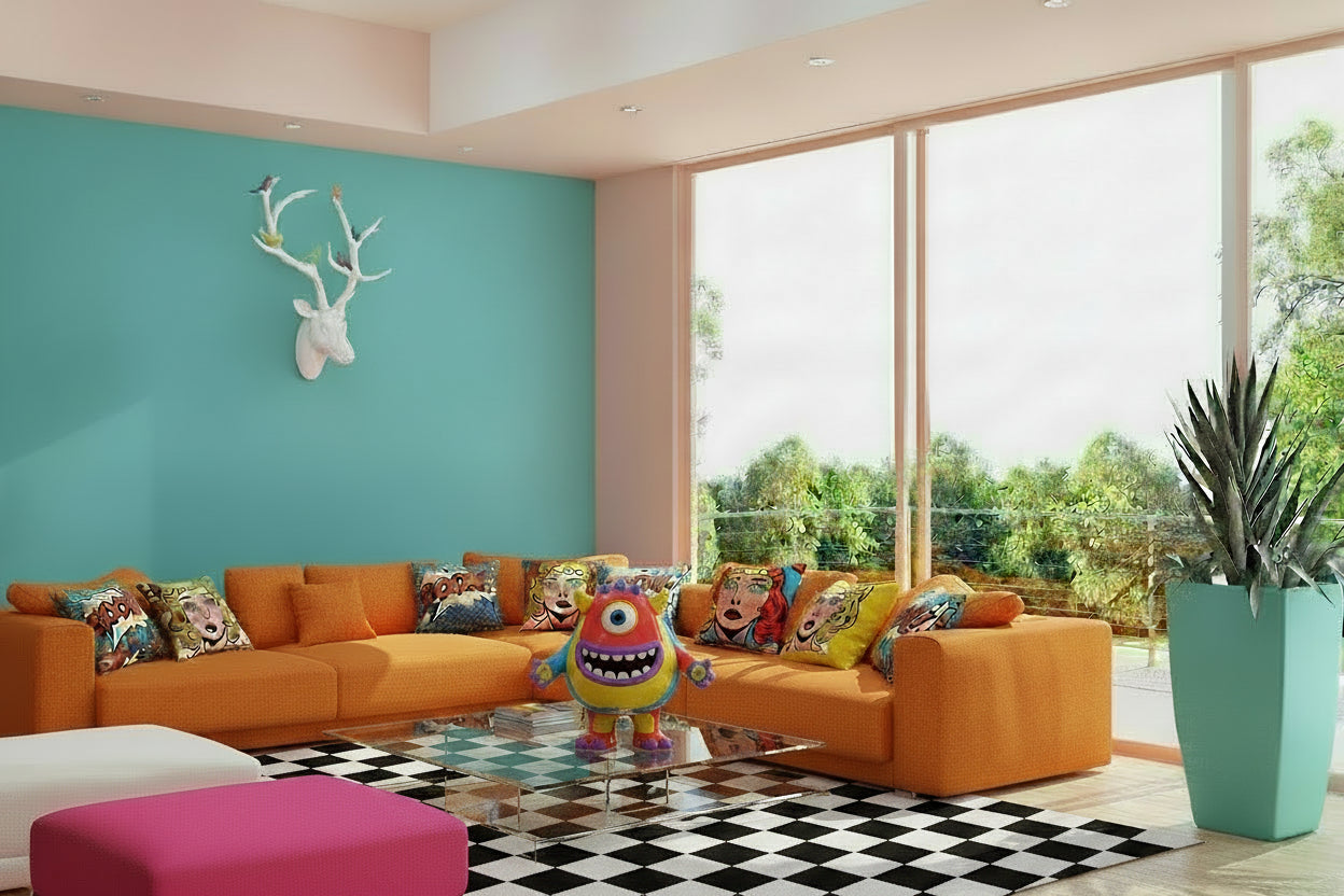 Modern living room with a white sectional sofa, coffee table, and decorative elements.