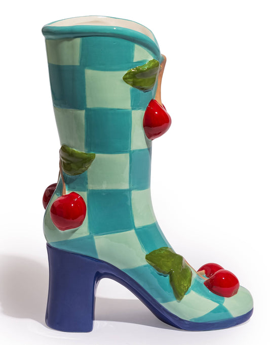 Checkered ceramic boot vase with cherries – Missy K Morning Glories | Retro homewares Australia