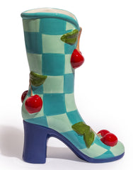 Checkered ceramic boot vase with cherries – Missy K Morning Glories | Retro homewares Australia