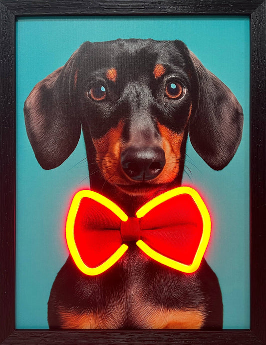 HOT DOG ENERGY framed LED neon dachshund art — styled room view | Missy K