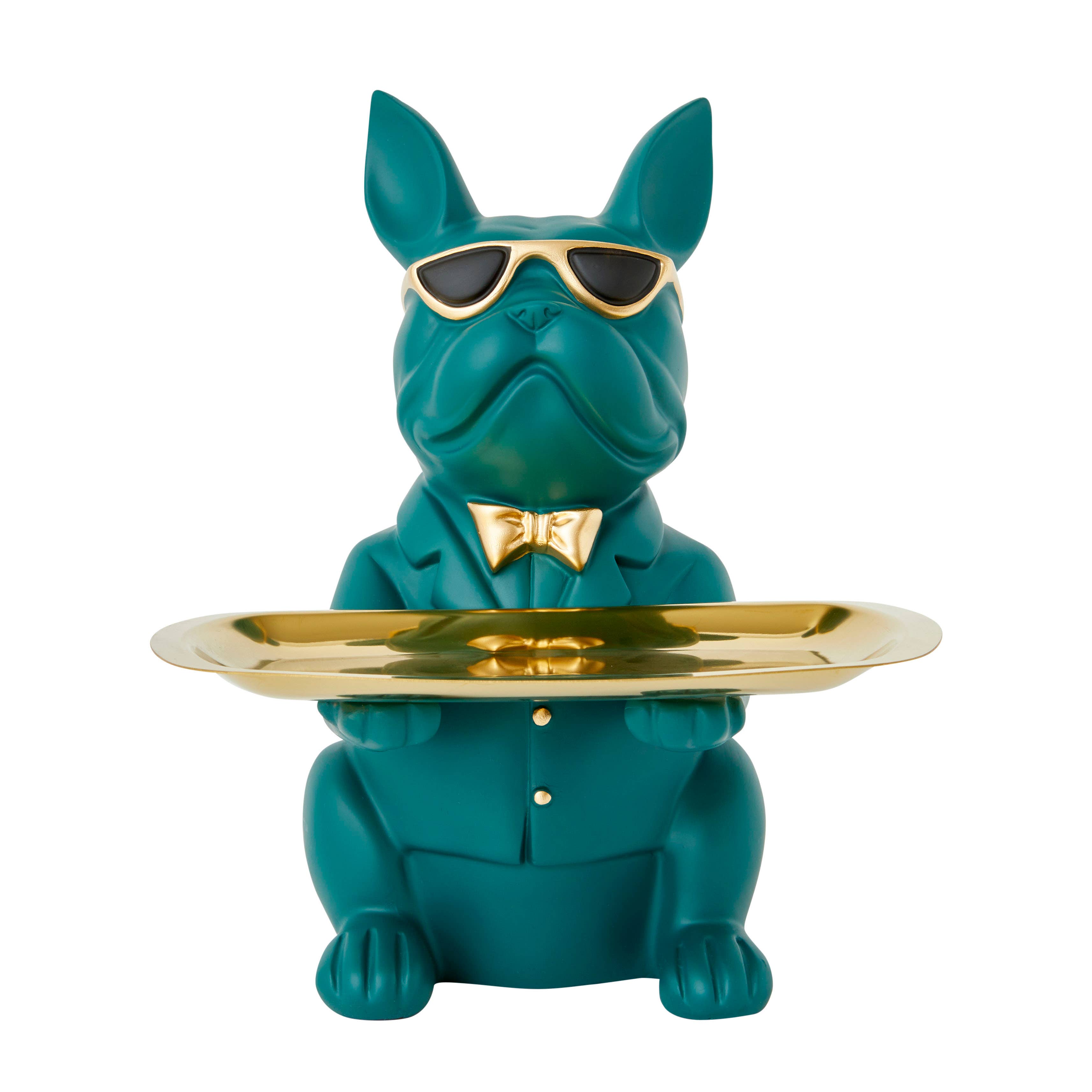 A dapper teal-colored French Bulldog statue wearing gold-rimmed sunglasses, a bow tie, and a suit. This functional 'Sassy Soul' holds a polished gold serving tray, perfect for keys or jewelry as a maximalist entryway accent.