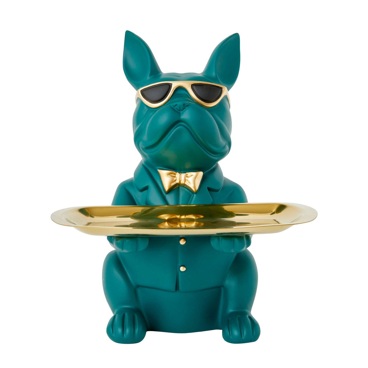 A dapper teal-colored French Bulldog statue wearing gold-rimmed sunglasses, a bow tie, and a suit. This functional 'Sassy Soul' holds a polished gold serving tray, perfect for keys or jewelry as a maximalist entryway accent.