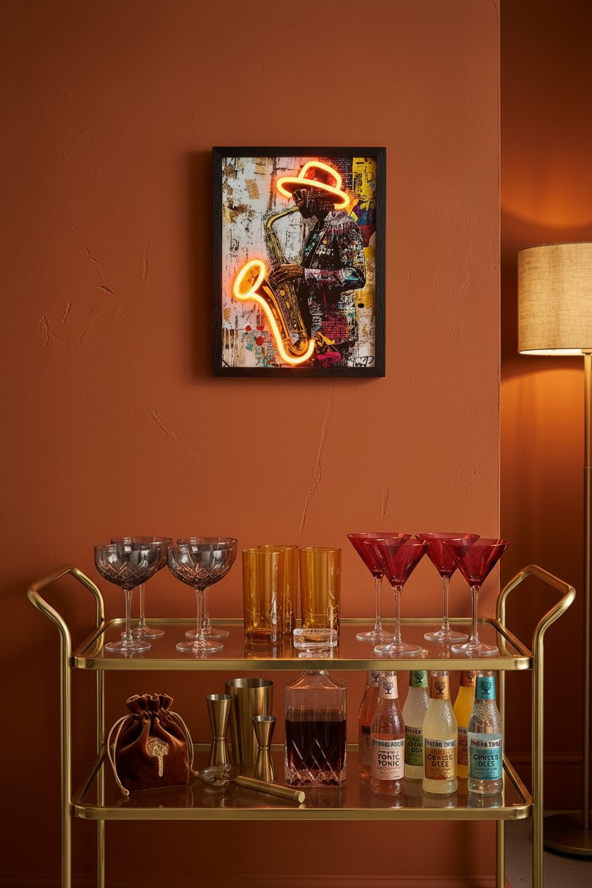 Neon saxophone art piece on an orange wall above a bar cart with drinks and bottles.
