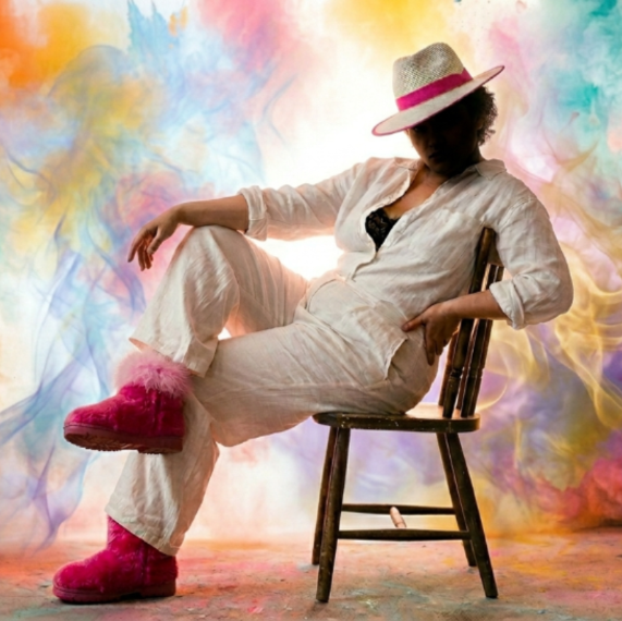 Person sitting with their legs crossed,  leaning back in a chair in front of a colorful smoke background.   They are wearing white linen pants and shirt, with  fluffy pink slipps and white fedore with a pink rim band