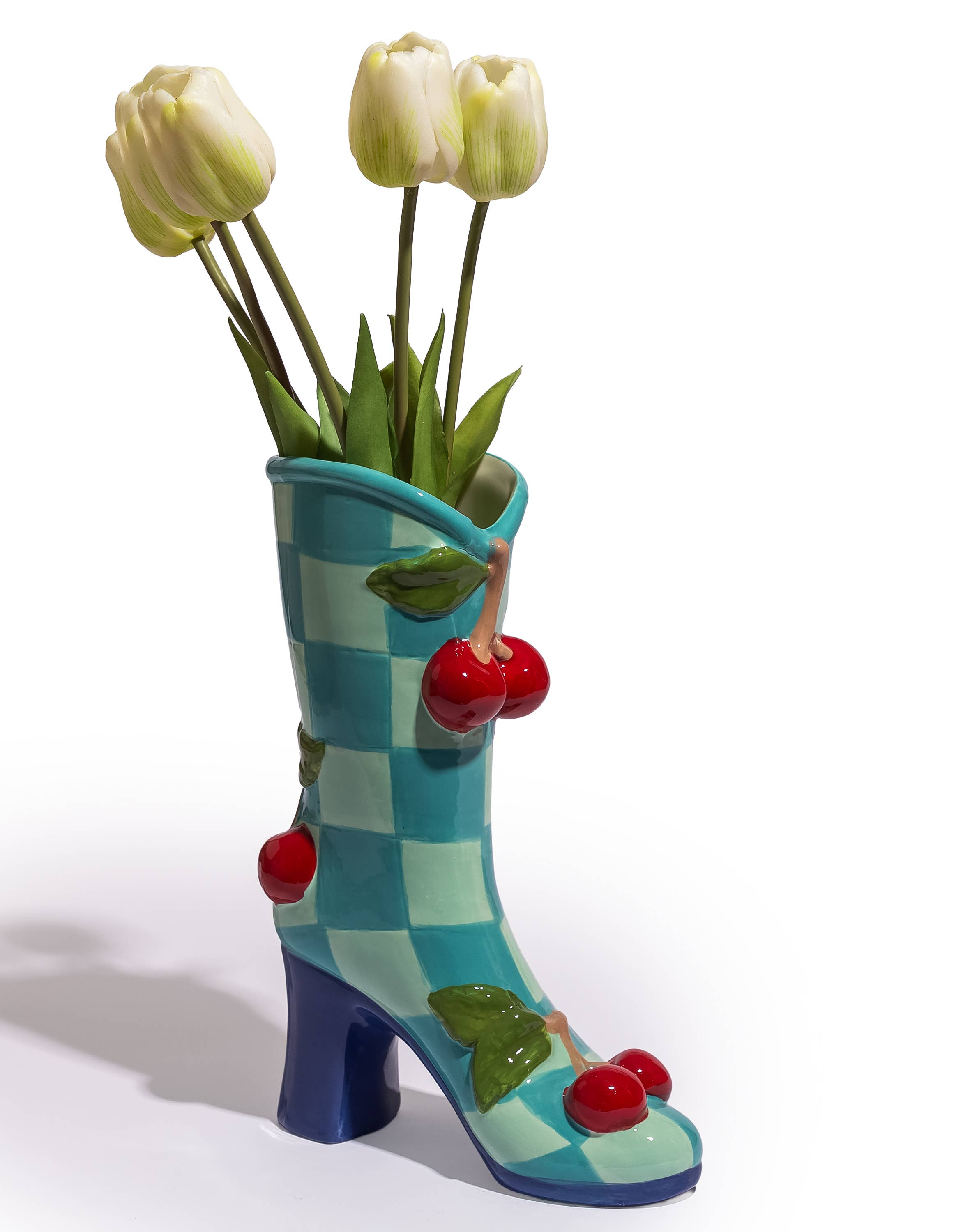 Teal and mint checkered ceramic vase – Missy K Morning Glories | Retro homewares Australia