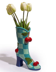 Teal and mint checkered ceramic vase – Missy K Morning Glories | Retro homewares Australia