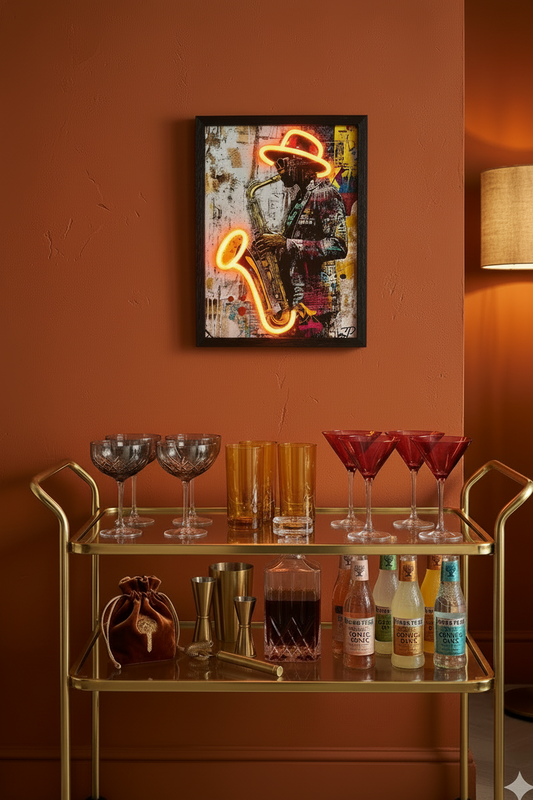 Neon saxophone art piece on an orange wall above a bar cart with drinks and bottles.