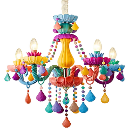 A multi-coloured chandelier made of frosted glass with lotus-ilike globe cups sitting atop beautifully curved arms dripping strands of glass beads ending and ending in coloured teardrops on a white background
