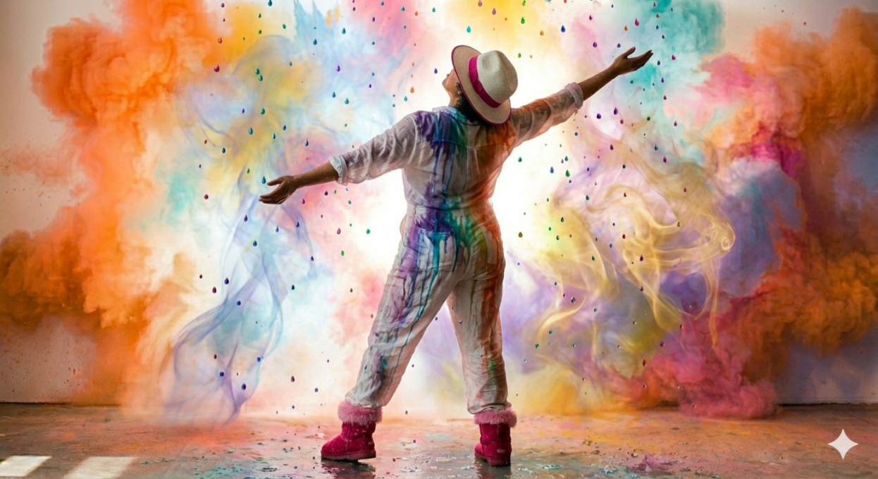 Person with their arms spread wide and face tilted upwards in joyful abandon.  They are wearing white overalls splashed with with various colours of bright paint, a white fedora with a pink band and hot pink slipper boots. They are facing a wall with brightly coloured smoke which is swirling and spraying brights dots of paint to the  person