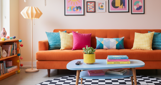 Gorgeous retro inspired living room with a bright orange sofa, colorful pink yellow and teal cushions with a small geometric design and a pale blue art-deco style coffee table with a pale blue top, holding a bright yellow plant pot and stacked books in pink yellow and blue.  The floor has an oval tile inlay in black and white checks and the wall behind the sofa has a series of scandi insired prints with a plae pink backgrund and thin black frames.  An absolutely delightful living space