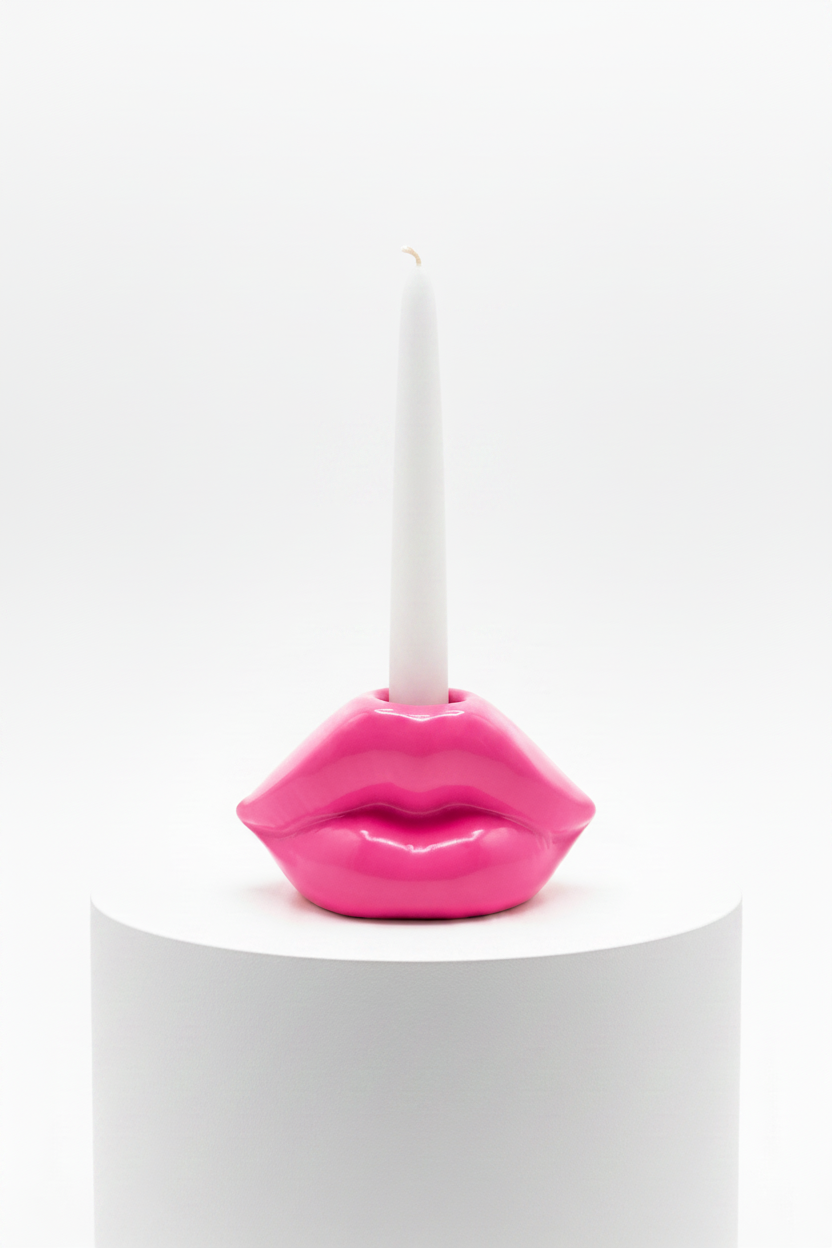 HOT LIPS - Pink Ceramic Taper Candleholder